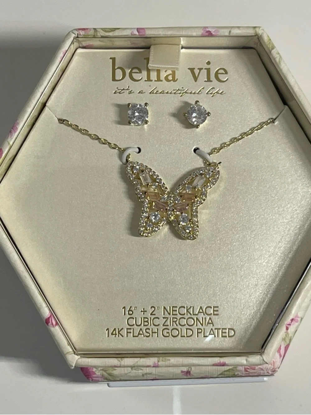 Gold Butterfly Necklace with Pink and Clear Accents